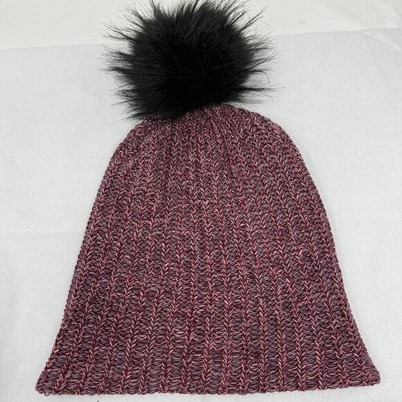 Love Your Melon Knit Beanie Faux Fur Pom Pom 100% Cotton Maroon Black Speckled - Picture 4 of 6